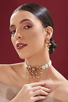Gold Finish Kundan Polki & Pearl Choker Necklace Set