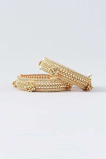Gold Finish Kundan Polki Temple Bangles (Set Of 2)