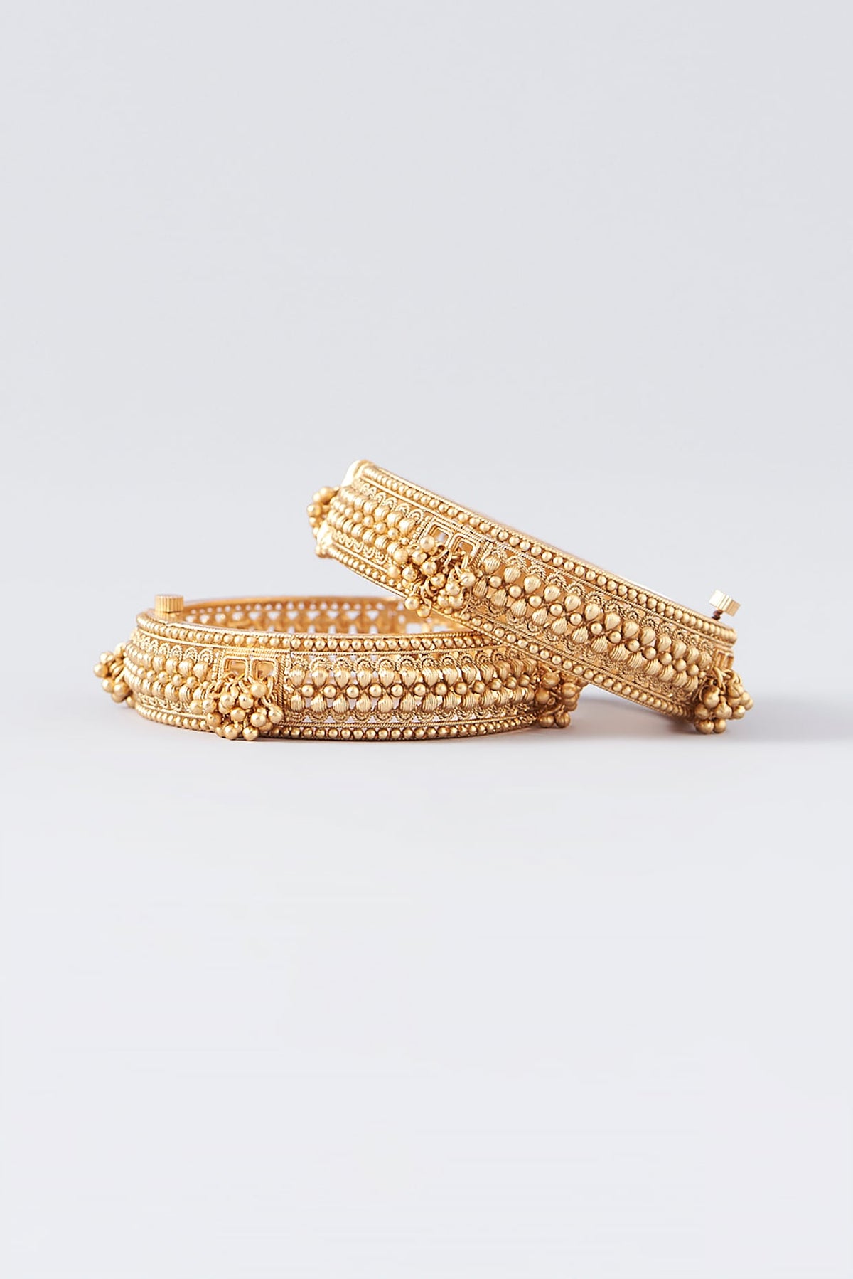Gold Finish Kundan Polki Temple Bangles (Set Of 2)