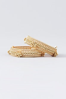 Gold Finish Kundan Polki Temple Bangles (Set Of 2)
