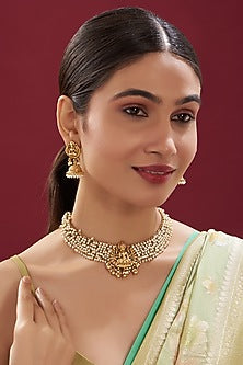 Gold Finish Pearl Temple Necklace Set