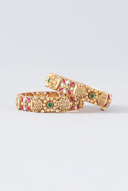 Gold Finish Kundan Polki & Multi-Colored Stone Temple Bangles (Set Of 2)