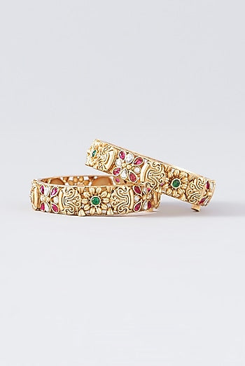 Gold Finish Kundan Polki & Multi-Colored Stone Temple Bangles (Set Of 2)