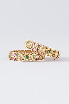 Gold Finish Kundan Polki & Multi-Colored Stone Temple Bangles (Set Of 2)