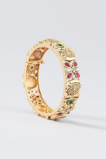 Gold Finish Kundan Polki & Multi-Colored Stone Temple Bangles (Set Of 2)