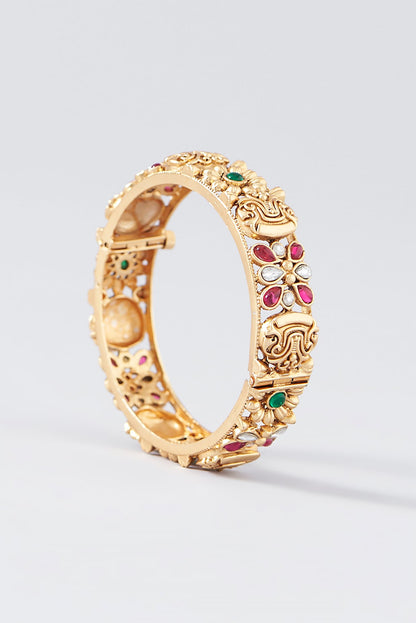 Gold Finish Kundan Polki & Multi-Colored Stone Temple Bangles (Set Of 2)