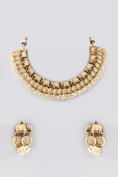 Gold Finish Pearls Temple Necklace Set