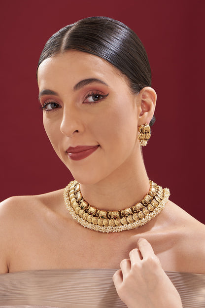 Gold Finish Pearls Temple Necklace Set