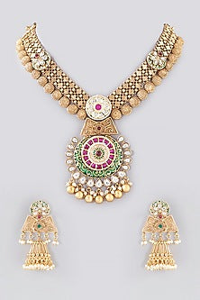 Gold Finish Kundan Polki Temple Necklace Set