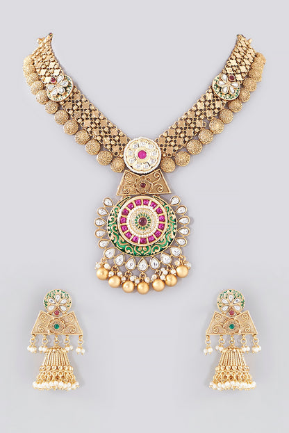 Gold Finish Kundan Polki Temple Necklace Set