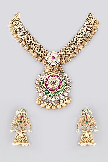 Gold Finish Kundan Polki Temple Necklace Set