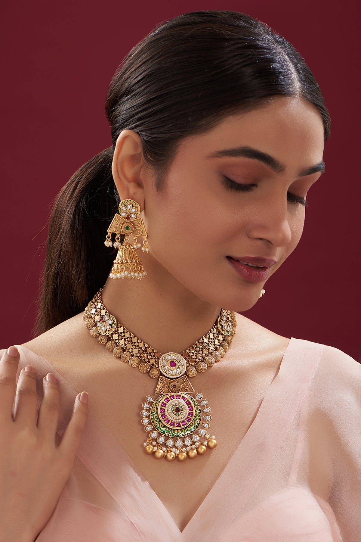 Gold Finish Kundan Polki Temple Necklace Set