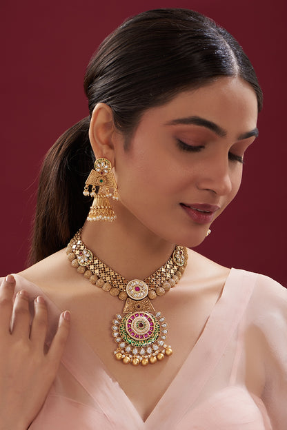 Gold Finish Kundan Polki Temple Necklace Set