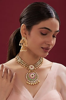 Gold Finish Kundan Polki Temple Necklace Set