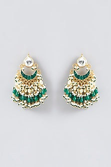 Gold Finish Kundan Polki & Green Stone Dangler Earrings