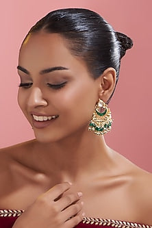 Gold Finish Kundan Polki & Green Stone Dangler Earrings