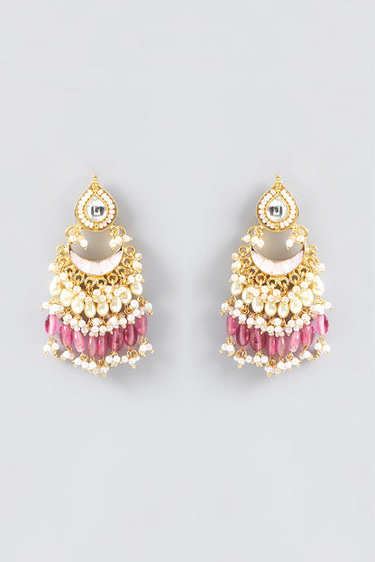 Gold Finish Kundan Polki & Red Stone Dangler Earrings