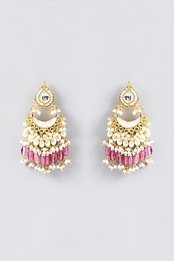 Gold Finish Kundan Polki & Red Stone Dangler Earrings