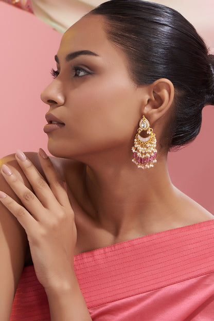 Gold Finish Kundan Polki & Red Stone Dangler Earrings