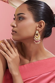 Gold Finish Kundan Polki & Red Stone Dangler Earrings