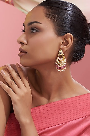 Gold Finish Kundan Polki & Red Stone Dangler Earrings