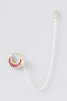 Gold Finish Red Stone & Pearl Nose Ring