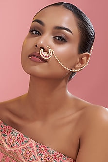 Gold Finish Red Stone & Pearl Nose Ring
