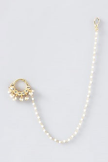 Gold Finish Kundan Polki & Pearl Nose Ring