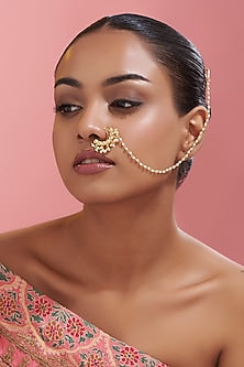 Gold Finish Kundan Polki & Pearl Nose Ring