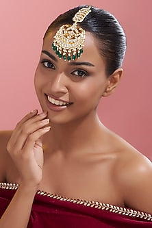 Gold Finish Kundan Polki & Green Stone Maangtikka