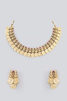 Gold Finish Kundan Polki Temple Necklace Set