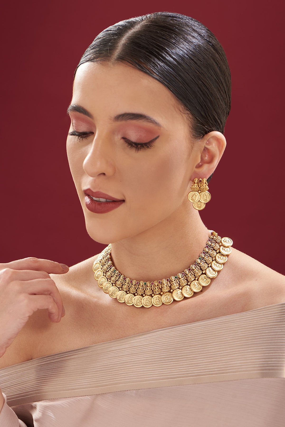 Gold Finish Kundan Polki Temple Necklace Set