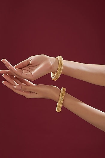 Gold Finish Kundan Polki Temple Bangles (Set Of 2)