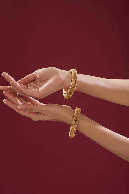 Gold Finish Kundan Polki Temple Bangles (Set Of 2)