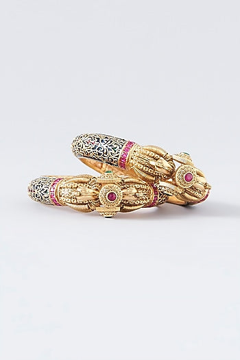 Gold Finish Kundan Polki Temple Bangles (Set of 2)