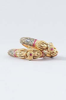 Gold Finish Kundan Polki Temple Bangles (Set of 2)