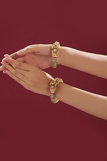 Gold Finish Kundan Polki Temple Bangles (Set of 2)