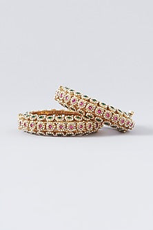 Gold Finish Pearl Temple Bangles (Set Of 2)