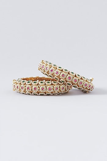 Gold Finish Pearl Temple Bangles (Set Of 2)