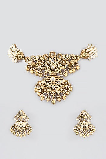 Gold Finish Kundan Polki & Pearl Choker Necklace Set