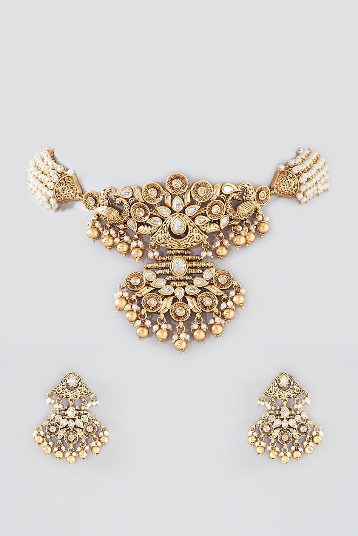 Gold Finish Kundan Polki & Pearl Choker Necklace Set