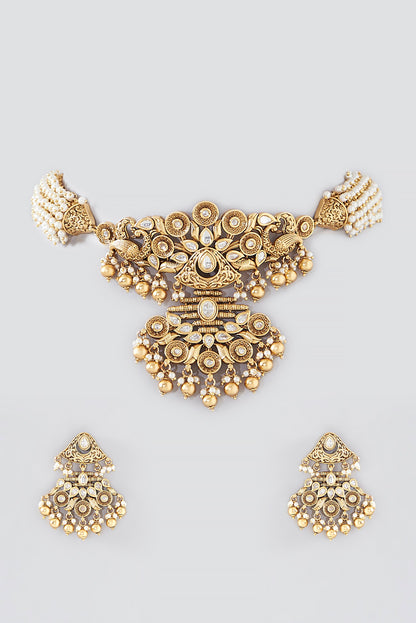 Gold Finish Kundan Polki & Pearl Choker Necklace Set