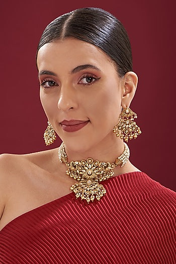Gold Finish Kundan Polki & Pearl Choker Necklace Set
