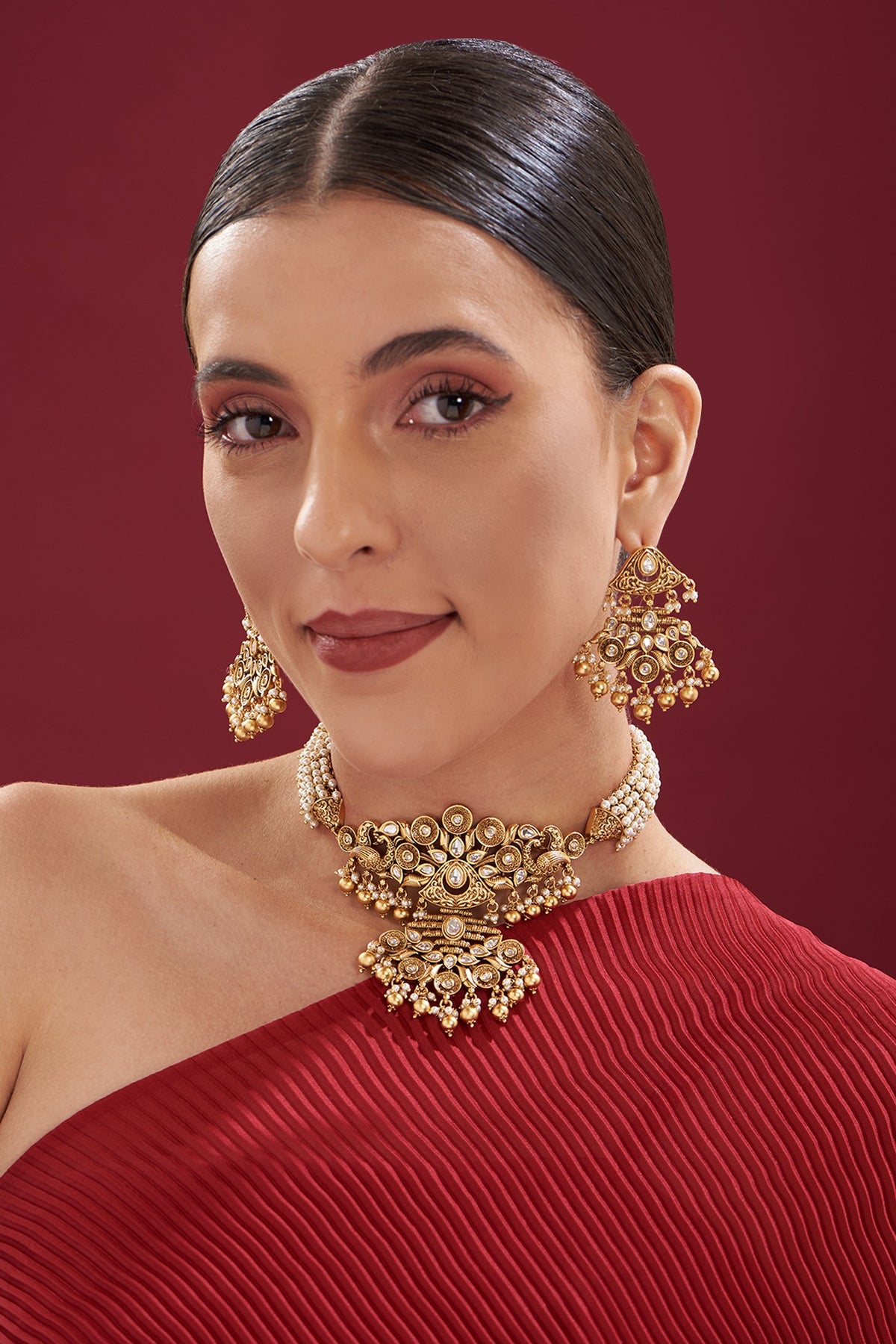 Gold Finish Kundan Polki & Pearl Choker Necklace Set