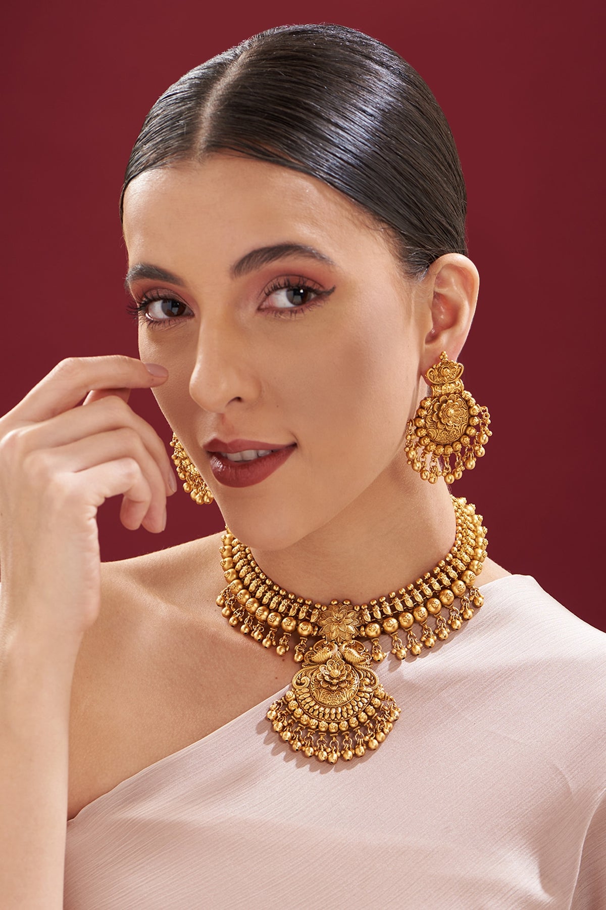 Gold Finish Kundan Polki Temple Necklace Set