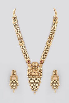 Gold Finish Kundan Polki & Ruby Long Temple Necklace Set