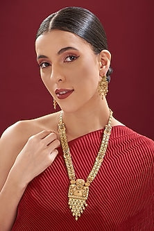 Gold Finish Kundan Polki & Ruby Long Temple Necklace Set