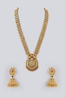 Gold Finish Kundan Polki & Emerald Long Temple Necklace Set