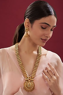Gold Finish Kundan Polki & Emerald Long Temple Necklace Set