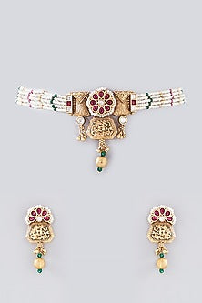 Gold Finish Kundan Polki & Pearl Temple Choker Necklace Set